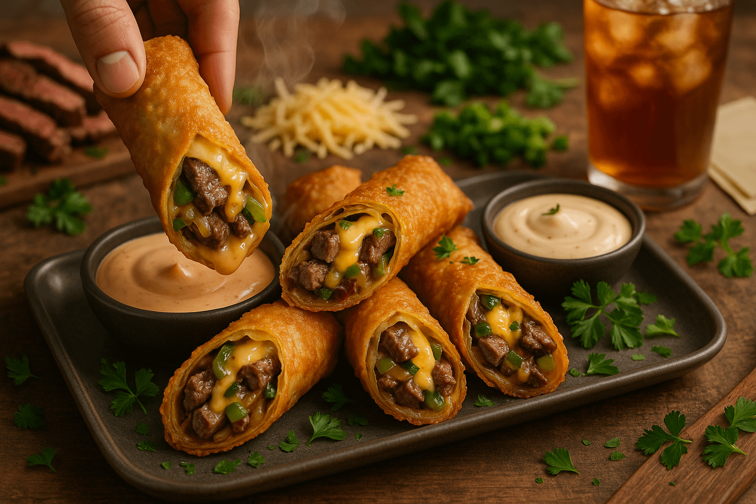 steak and cheese egg rolls